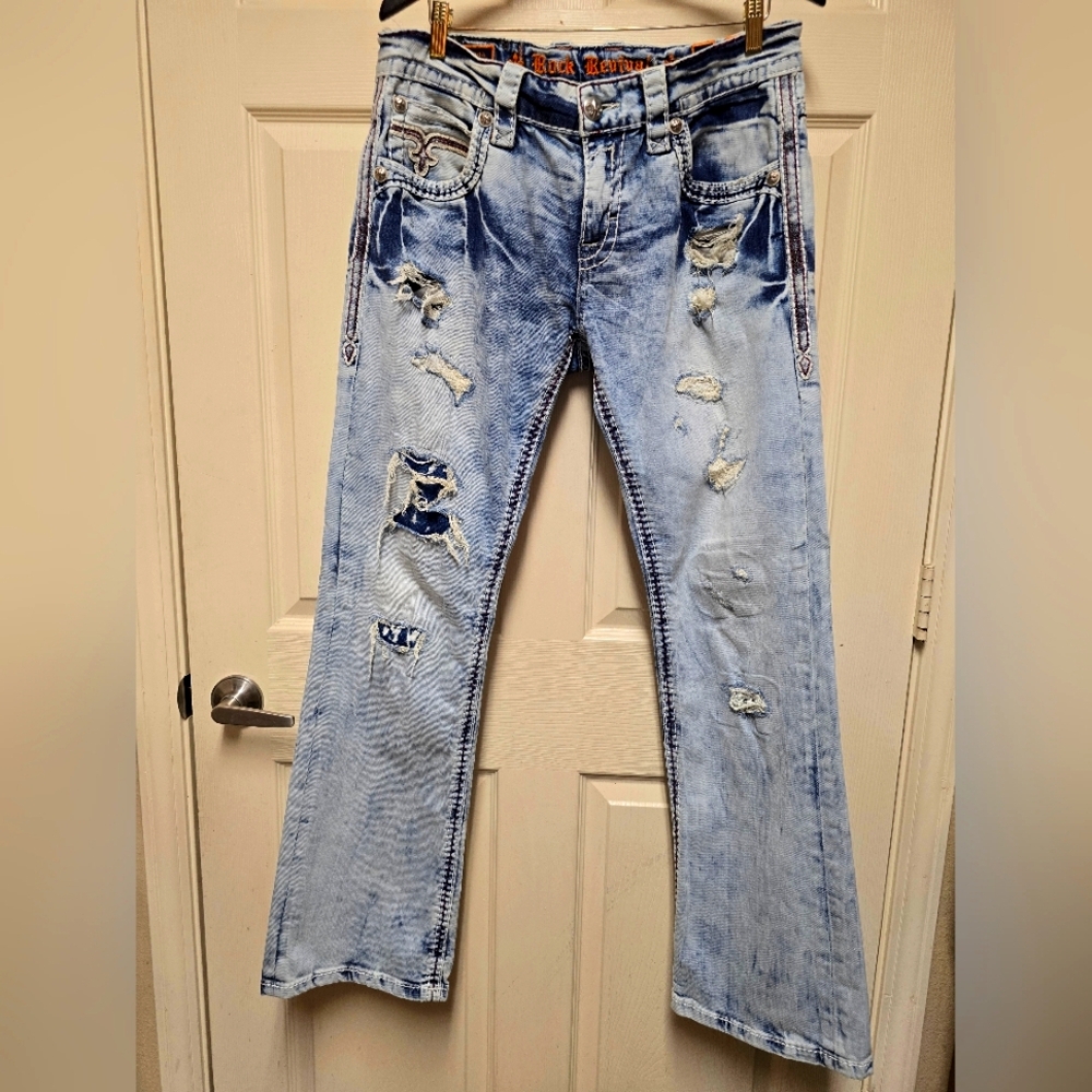 Rock Revival Mens Ephal Slim Light Blue Bootcut Jeans Sz 33